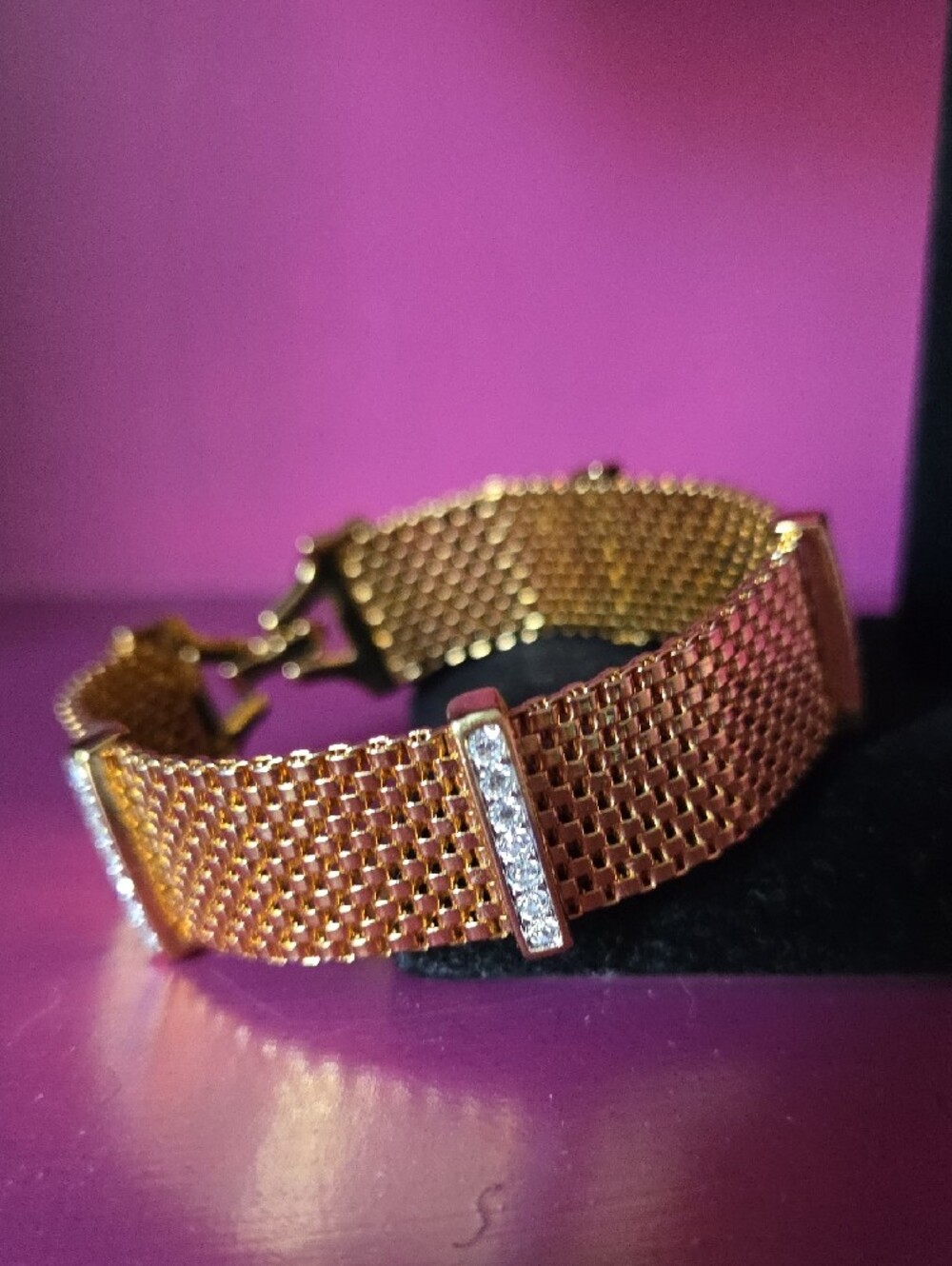 Vintage Retired Y2K Swarovski Gold Plated Clim Pavé Crystal Mesh Bracelet